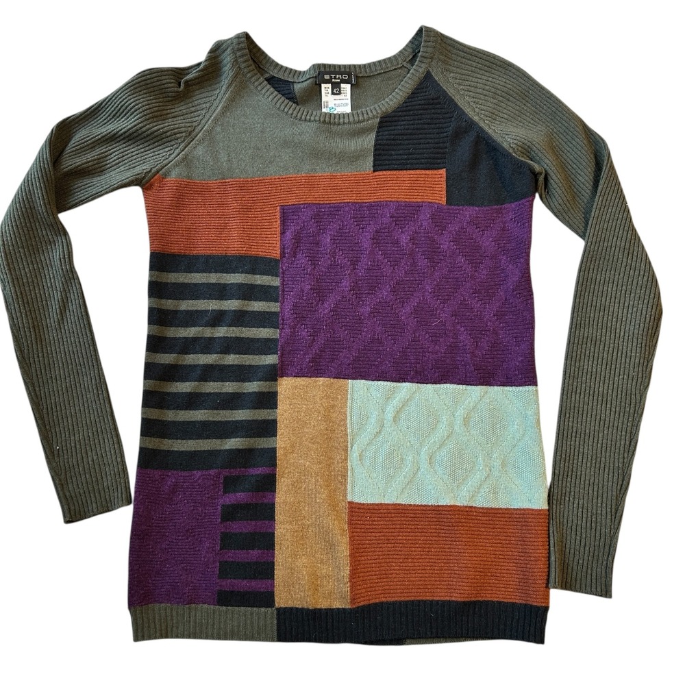 ETRO Milano Patchwork‎ Wool Cashmere Angora Knit Sweater Italy Size 42